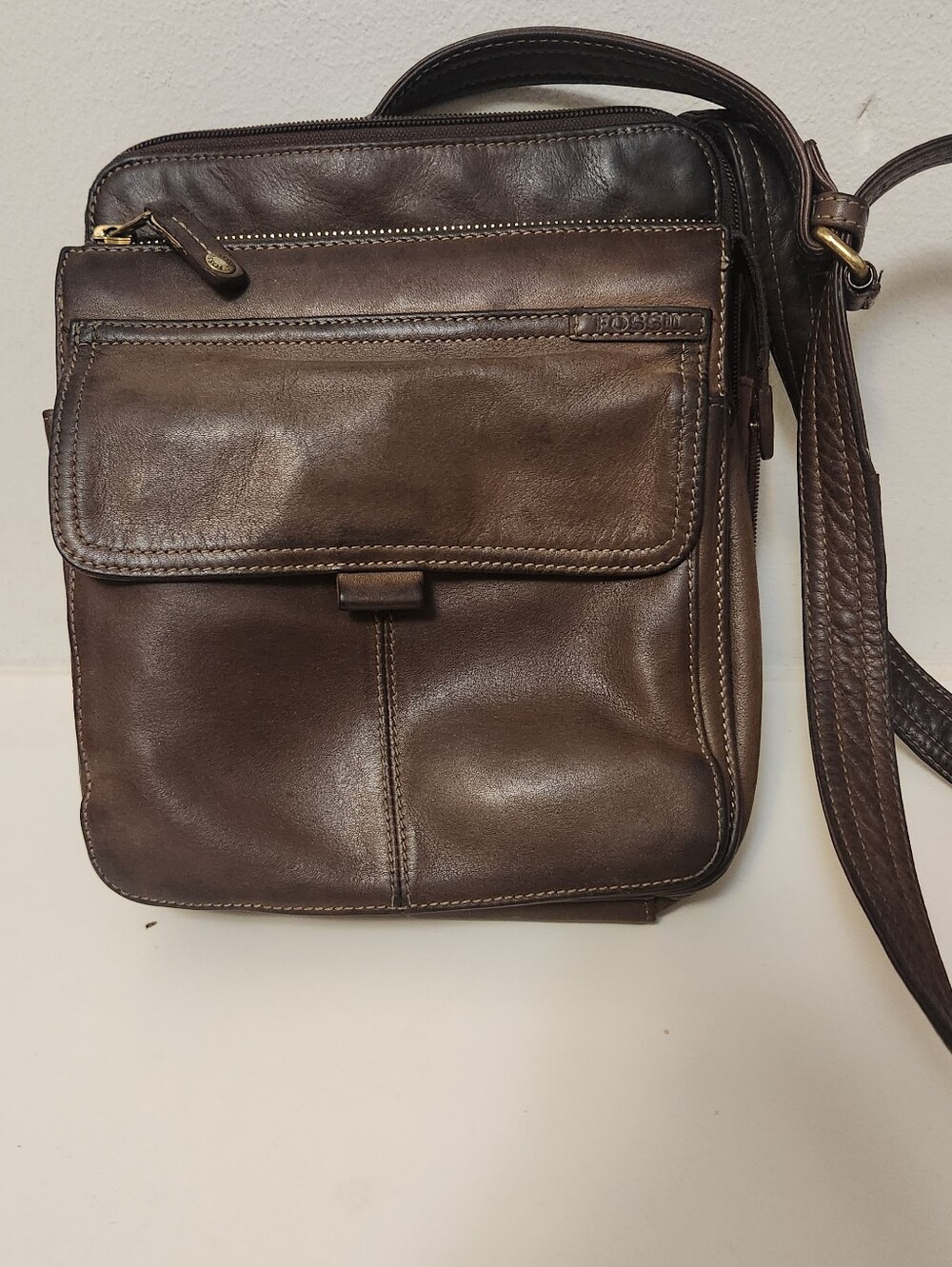 Vintage Fossil Dark Brown Leather Multi-Pocket Crossbody Organizer Bag NICE!